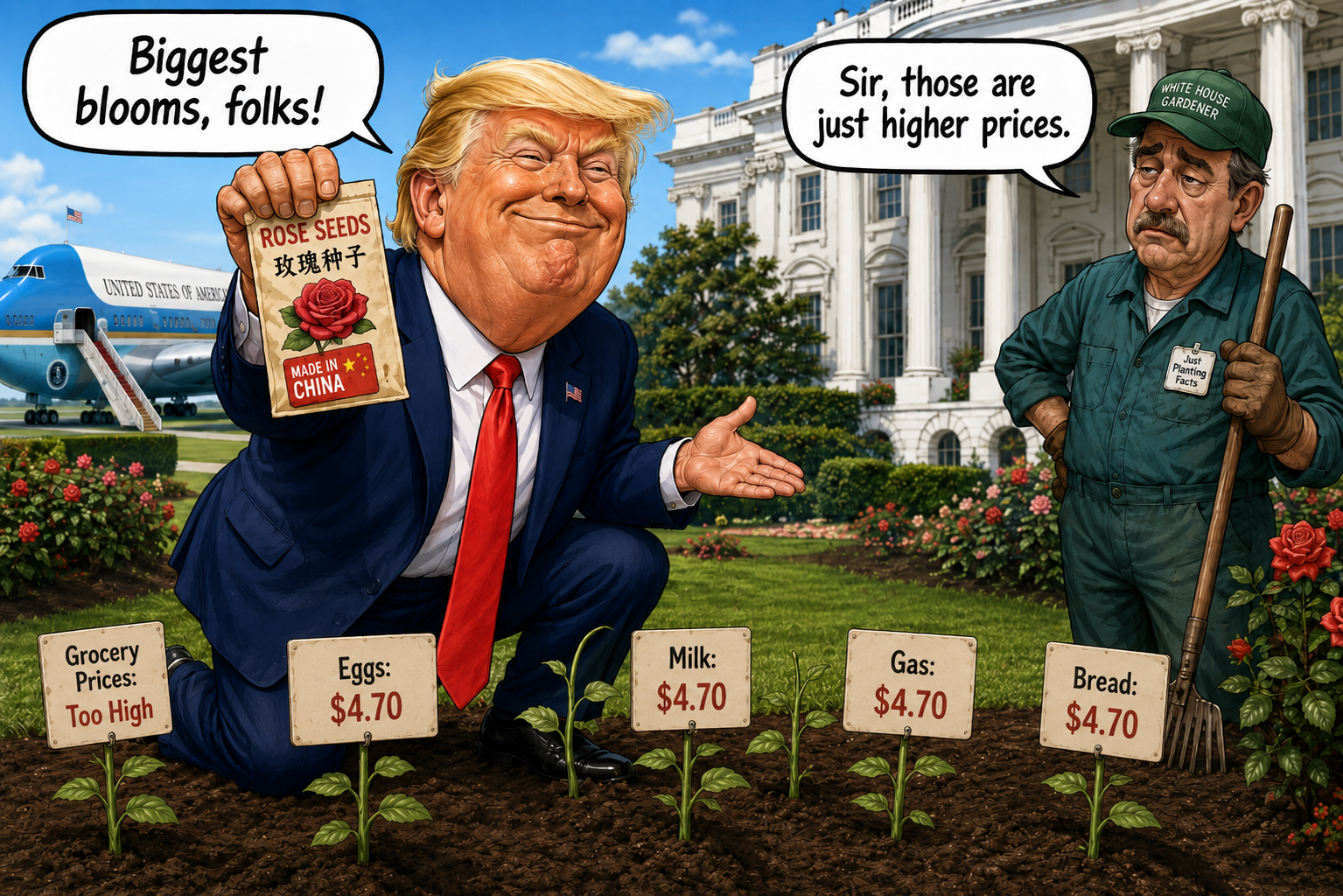 Satirical cartoon for Trump Returns From China With Rose Seeds, Promises 'Biggest Blooms'