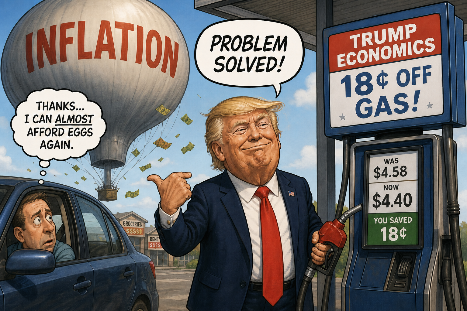 Satirical cartoon for Trump’s Answer to Spiraling Inflation: 18 Cents Off Gas