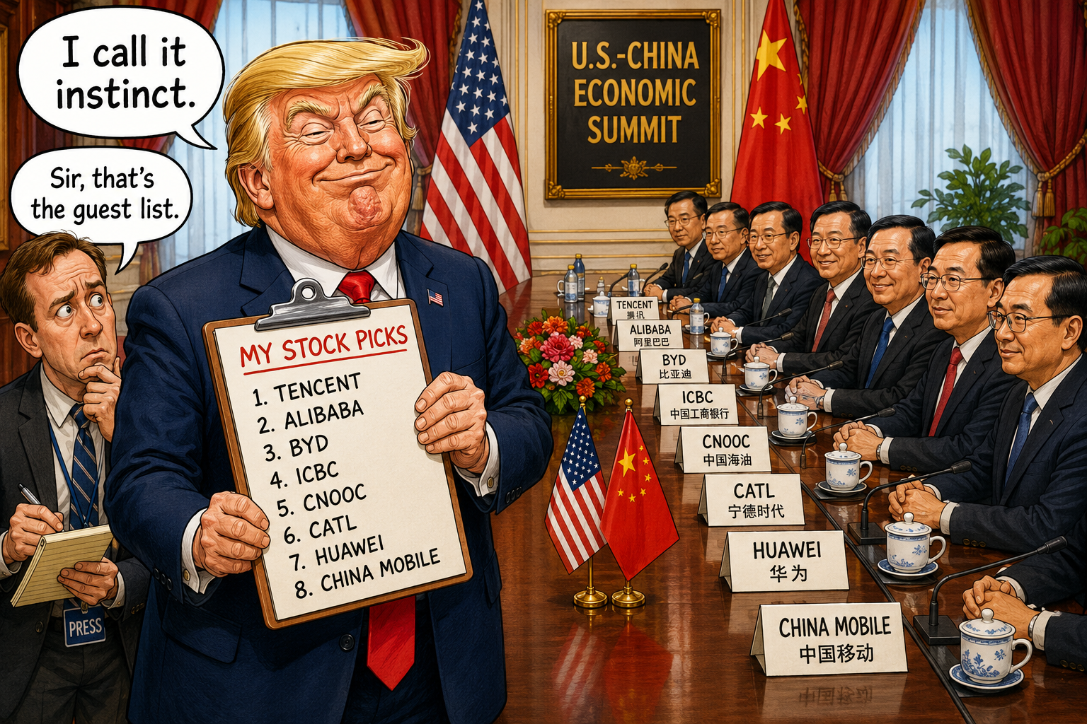 Satirical cartoon for Trump’s Stock Picks Mirrored China Summit Guest List