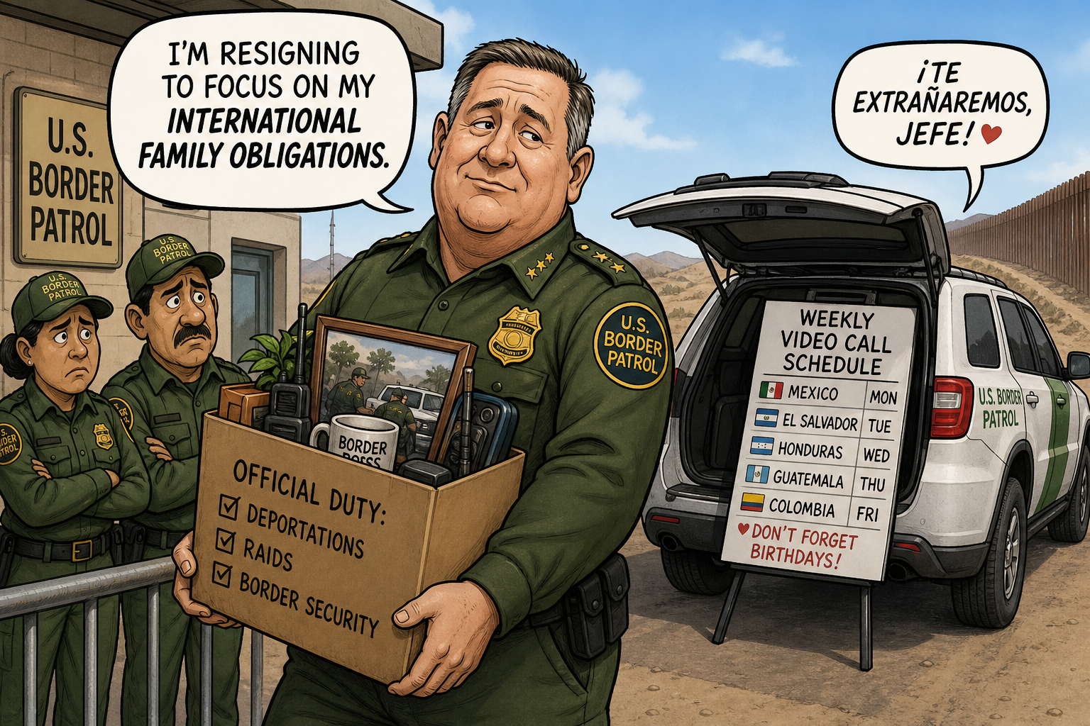 Satirical cartoon for Border Patrol Chief Resigns to Focus on International Family Obligations