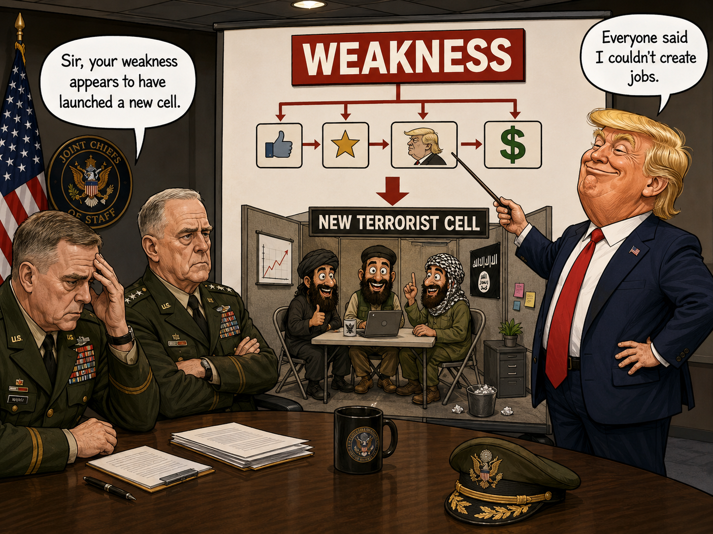 Satirical cartoon for Trump's Own Generals Confirm His Weakness Rebuilt ISIS