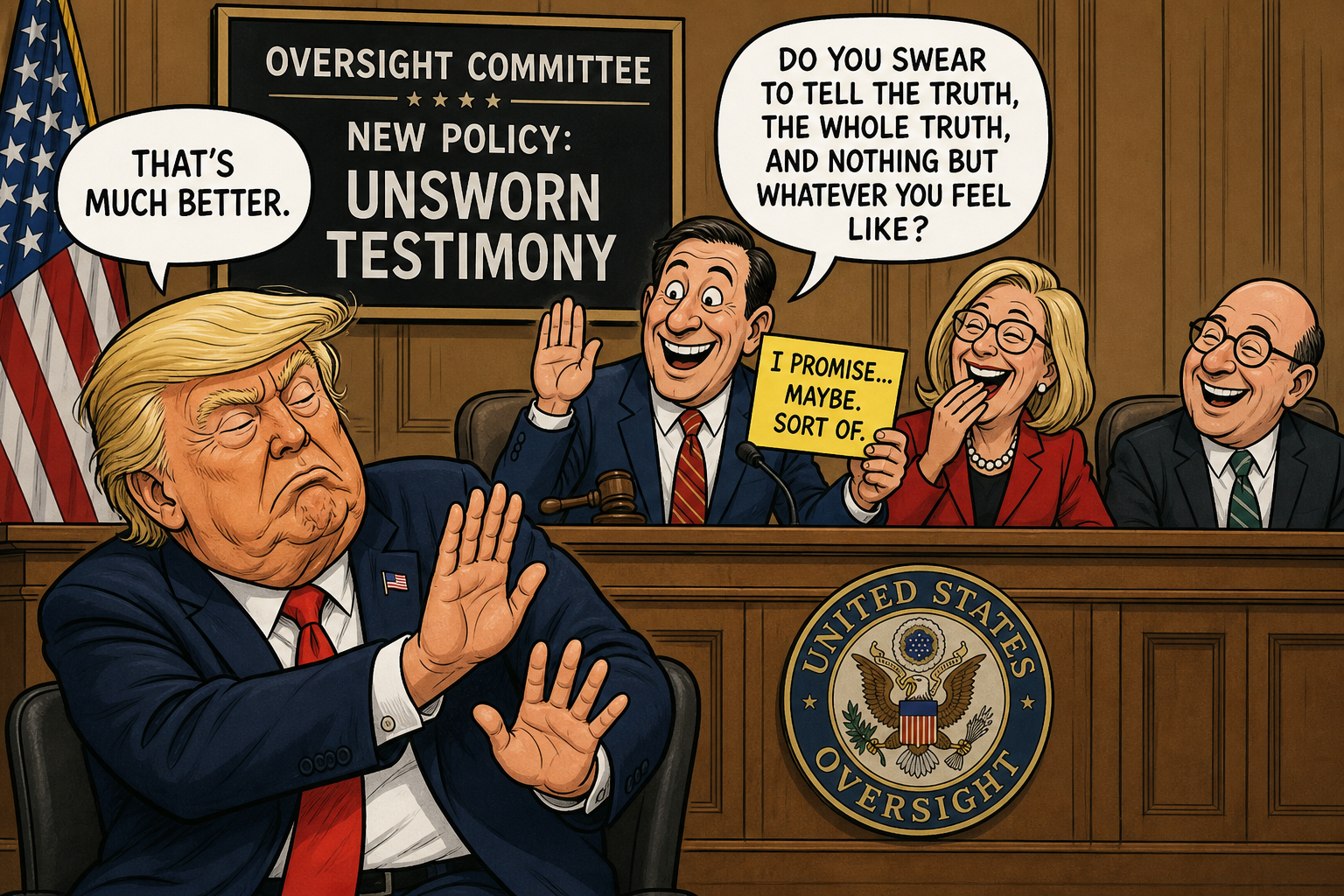 Satirical cartoon for Oversight Adopts Unsworn Testimony Policy After Trump Expresses Discomfort