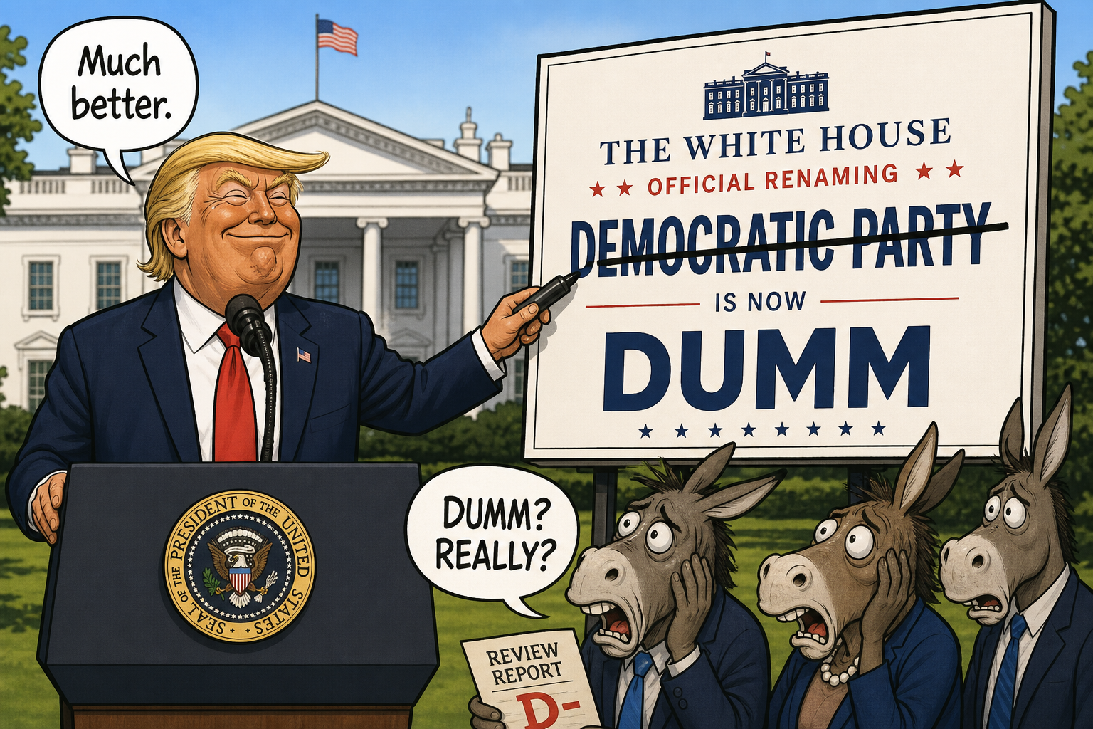 Satirical cartoon for White House Renames Democratic Party 'Dumm' After Official Review