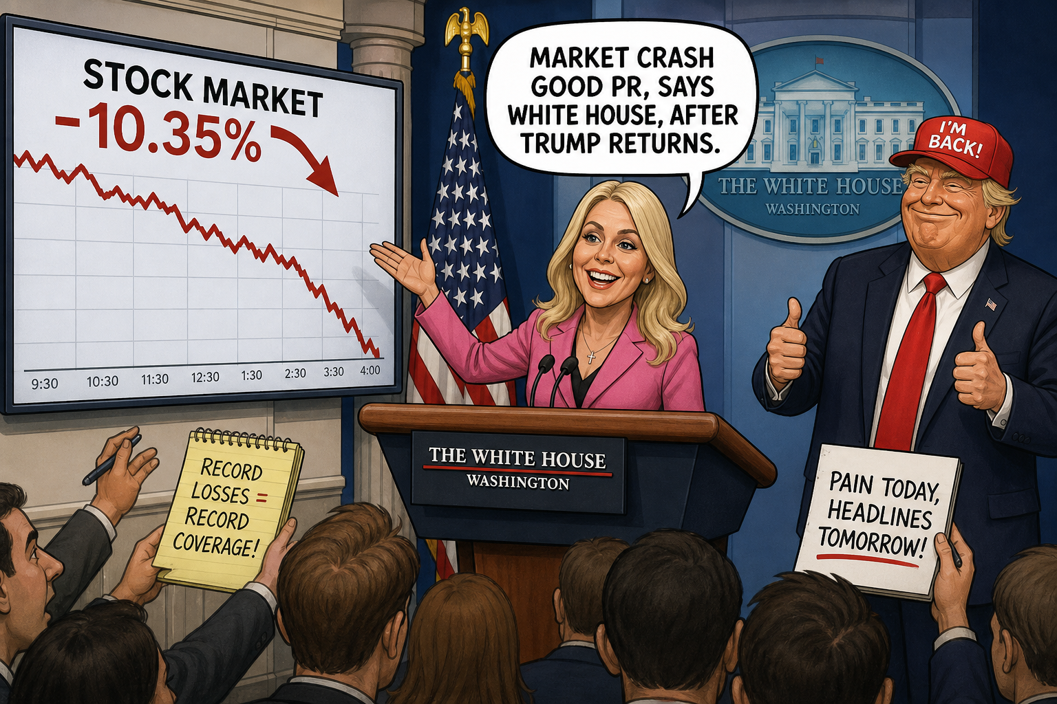 Satirical cartoon for Market Crash Good PR, Says White House, After Trump Returns