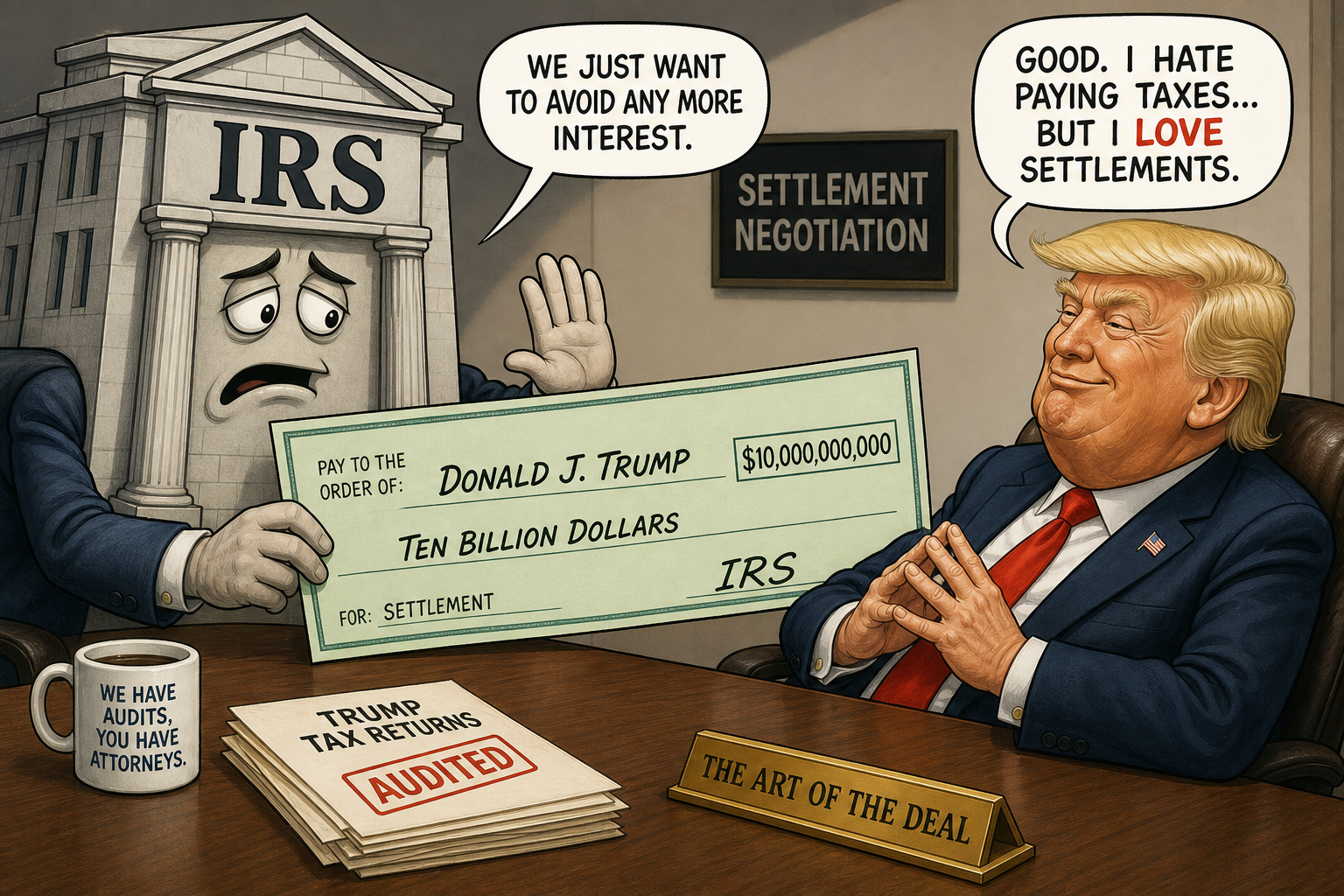 Satirical cartoon for IRS Seeks to Settle Trump’s $10B Lawsuit Against Itself