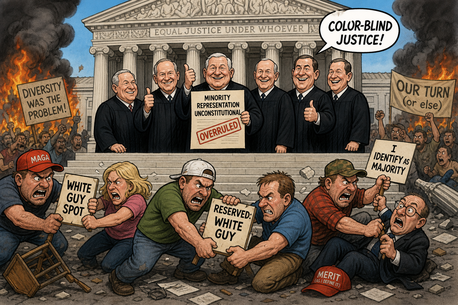 Satirical cartoon for Supreme Court Rules Minority Representation Unconstitutional, Chaos Ensues