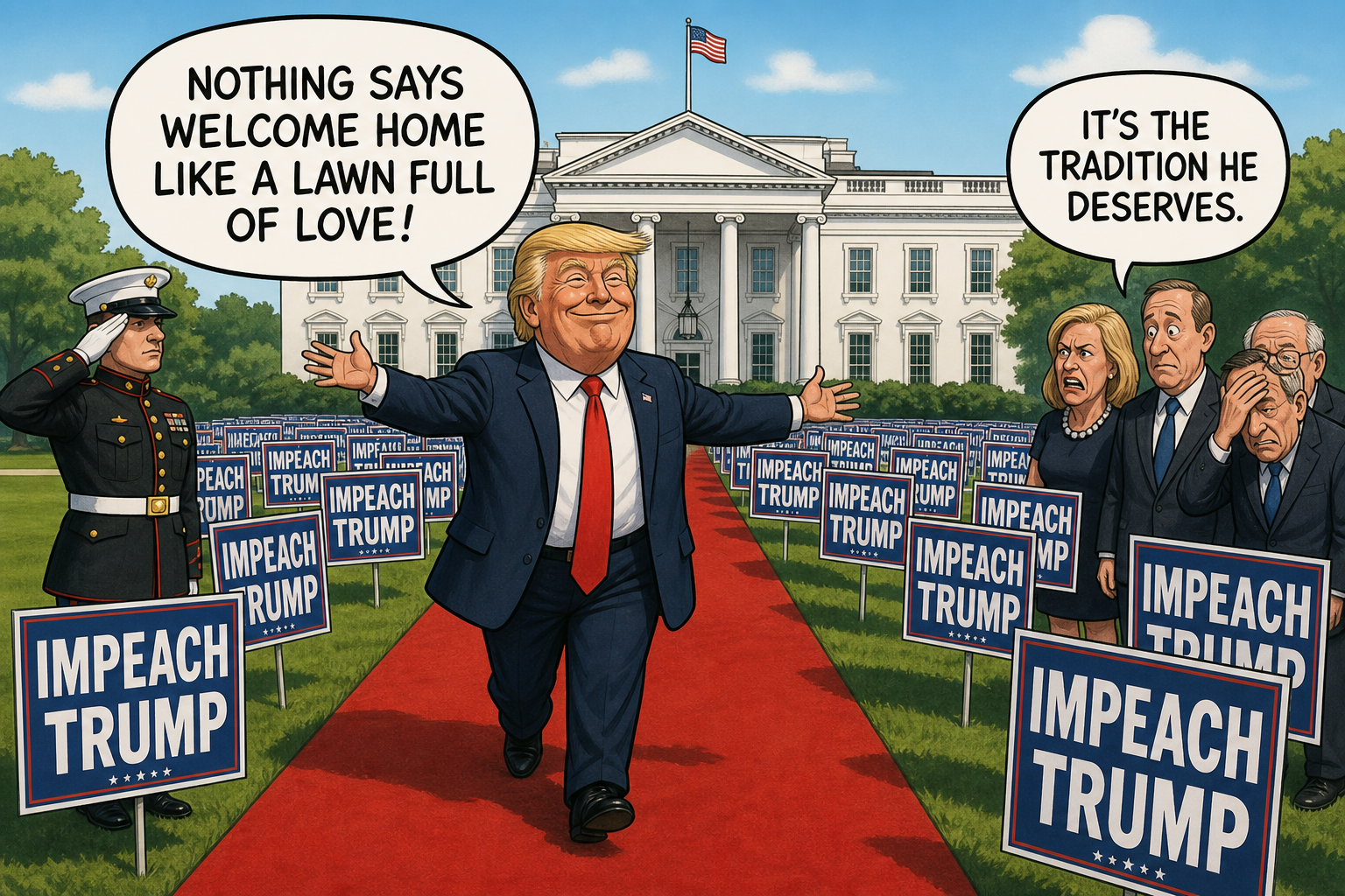 Satirical cartoon for Impeachment Lawn Signs Become Official Presidential Welcome Protocol