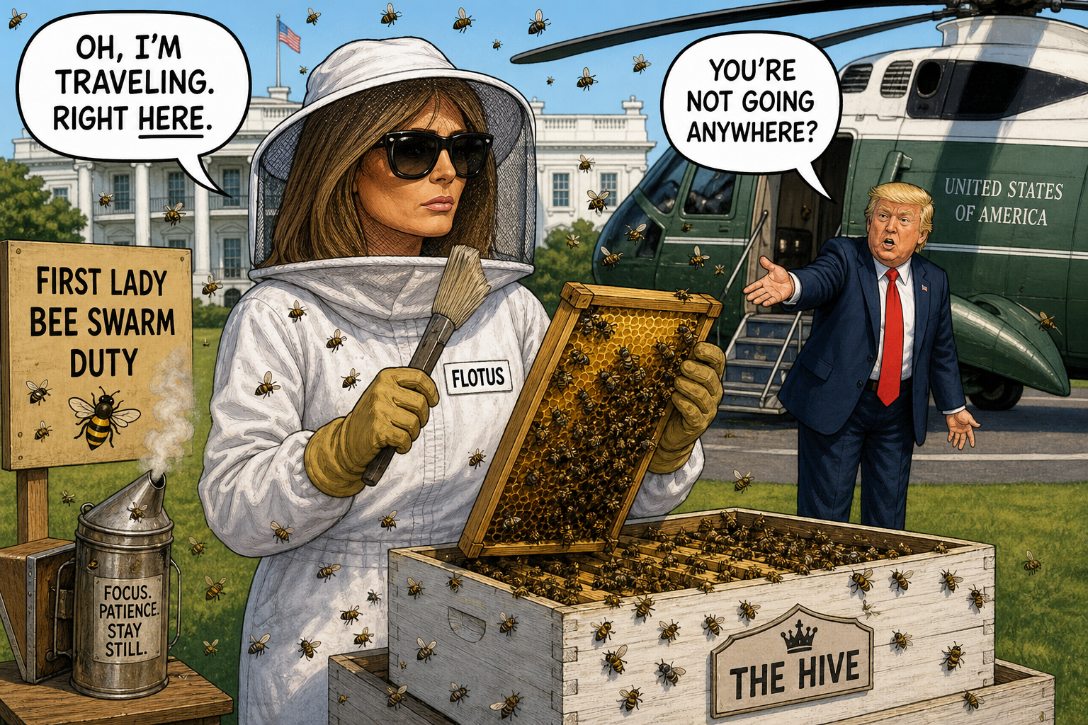 Satirical cartoon for First Lady Assigned to Bee Swarm Duty, Will Not Travel