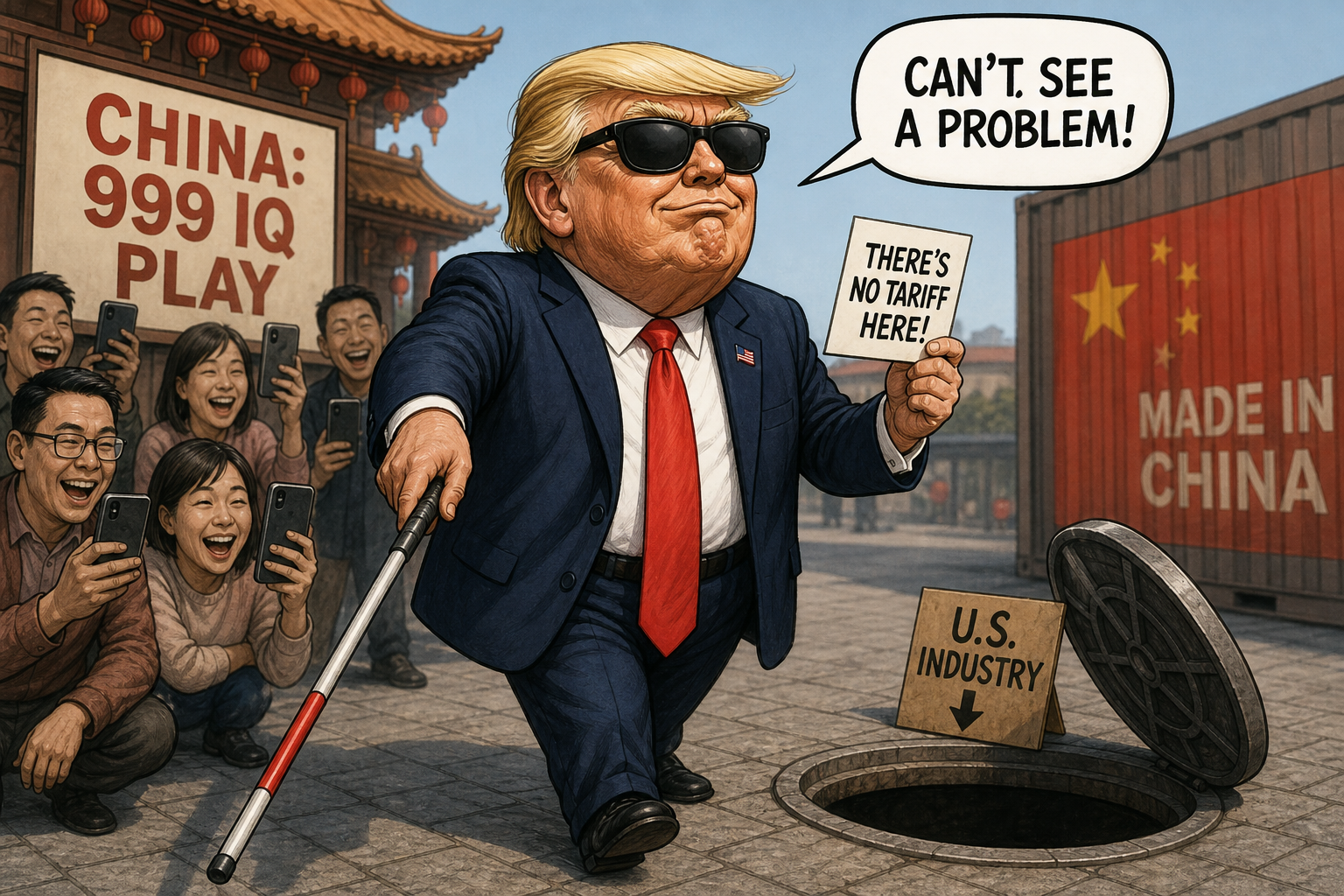 Satirical cartoon for Trump Responds to China Videos by Posting Blind Man Trick