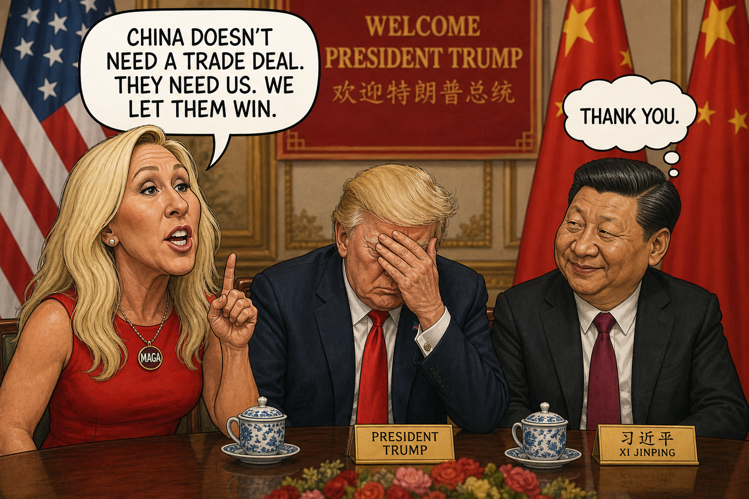 Satirical cartoon for Greene Wrecks Trump China Visit by Inadvertently Telling Truth