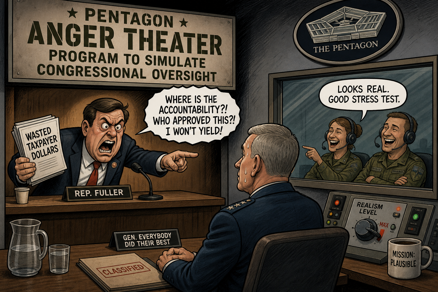 Satirical cartoon for Pentagon Unveils Anger Theater Program To Simulate Congressional Oversight