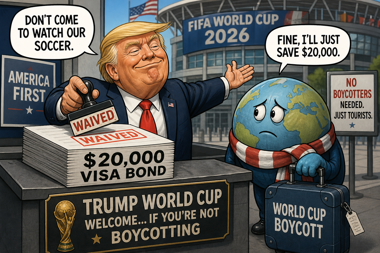 Satirical cartoon for Trump Waives $20,000 Visa Bond for World Cup Boycott