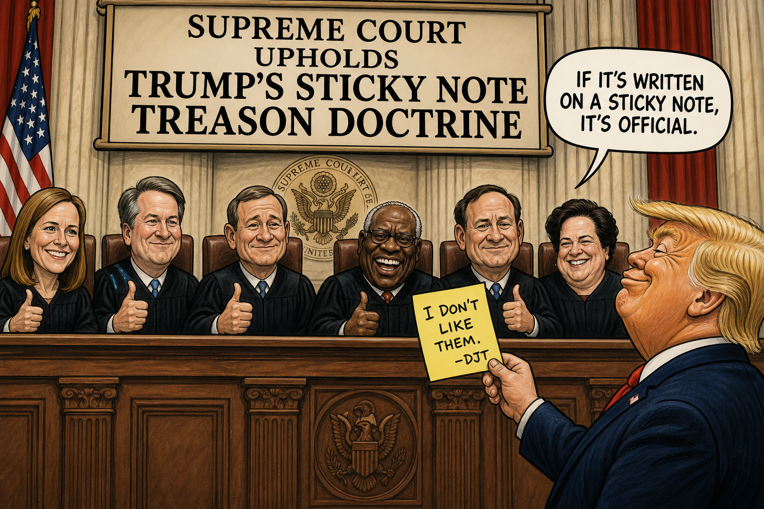 Satirical cartoon for Supreme Court Upholds Trump's Sticky Note Treason Doctrine