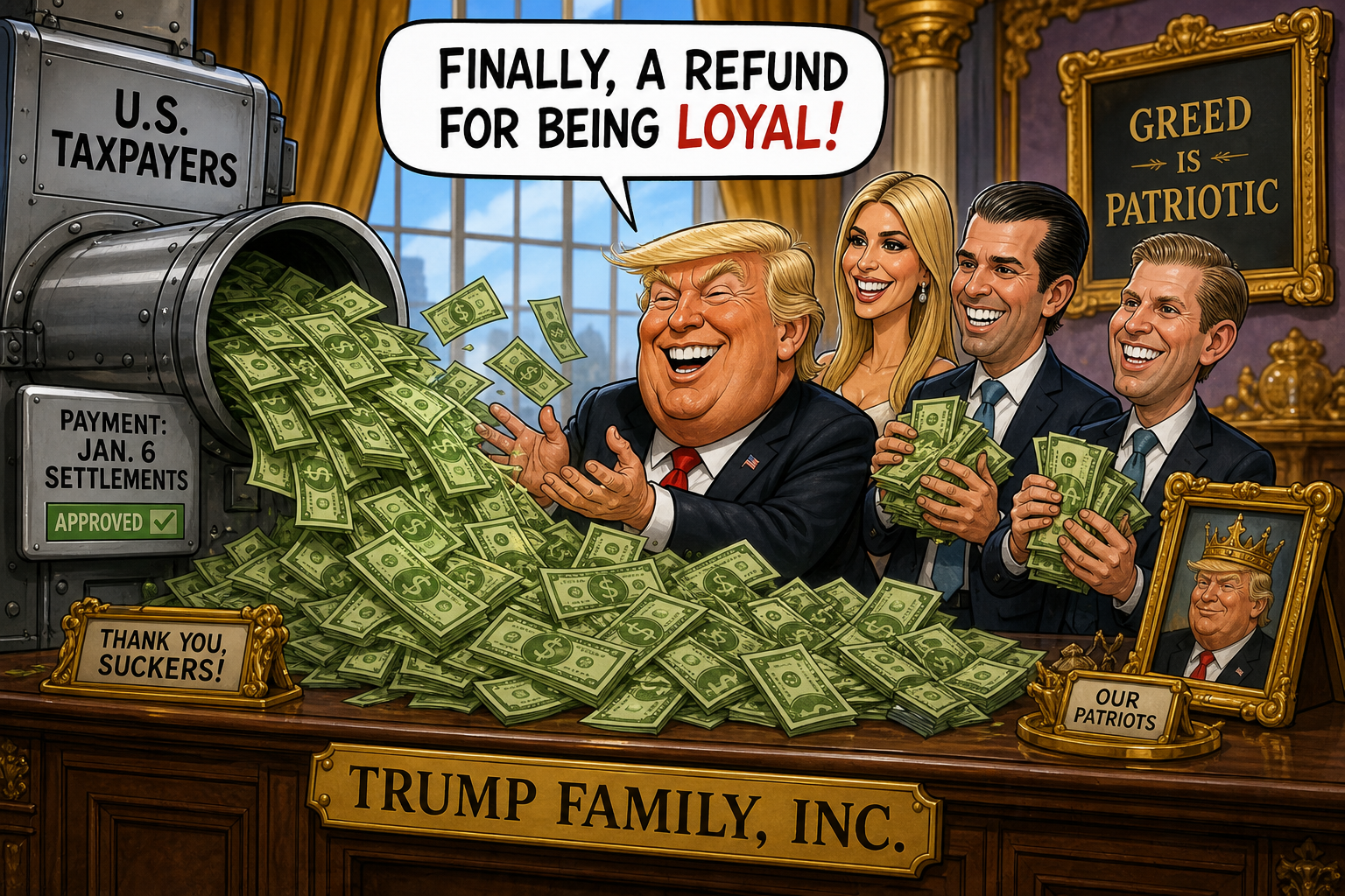 Satirical cartoon for Taxpayer-Funded Jan. 6 Payouts To Trump Family Begin Immediately