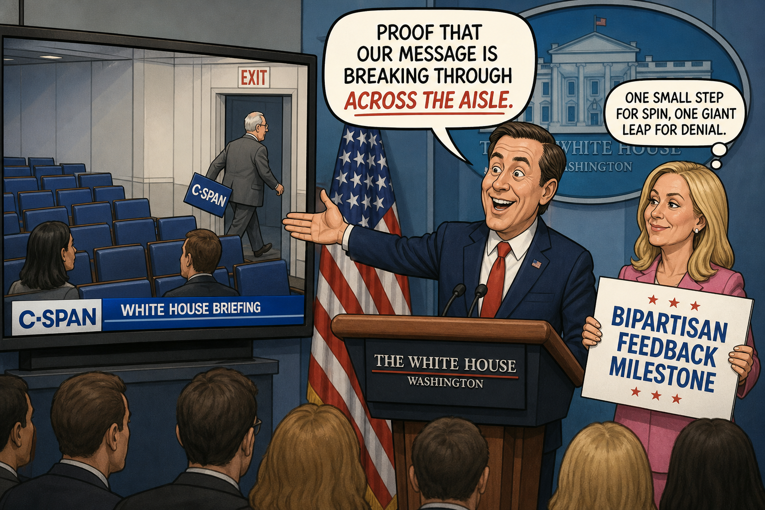 Satirical cartoon for White House Spins C-SPAN Defection as ‘Bipartisan Feedback Milestone’