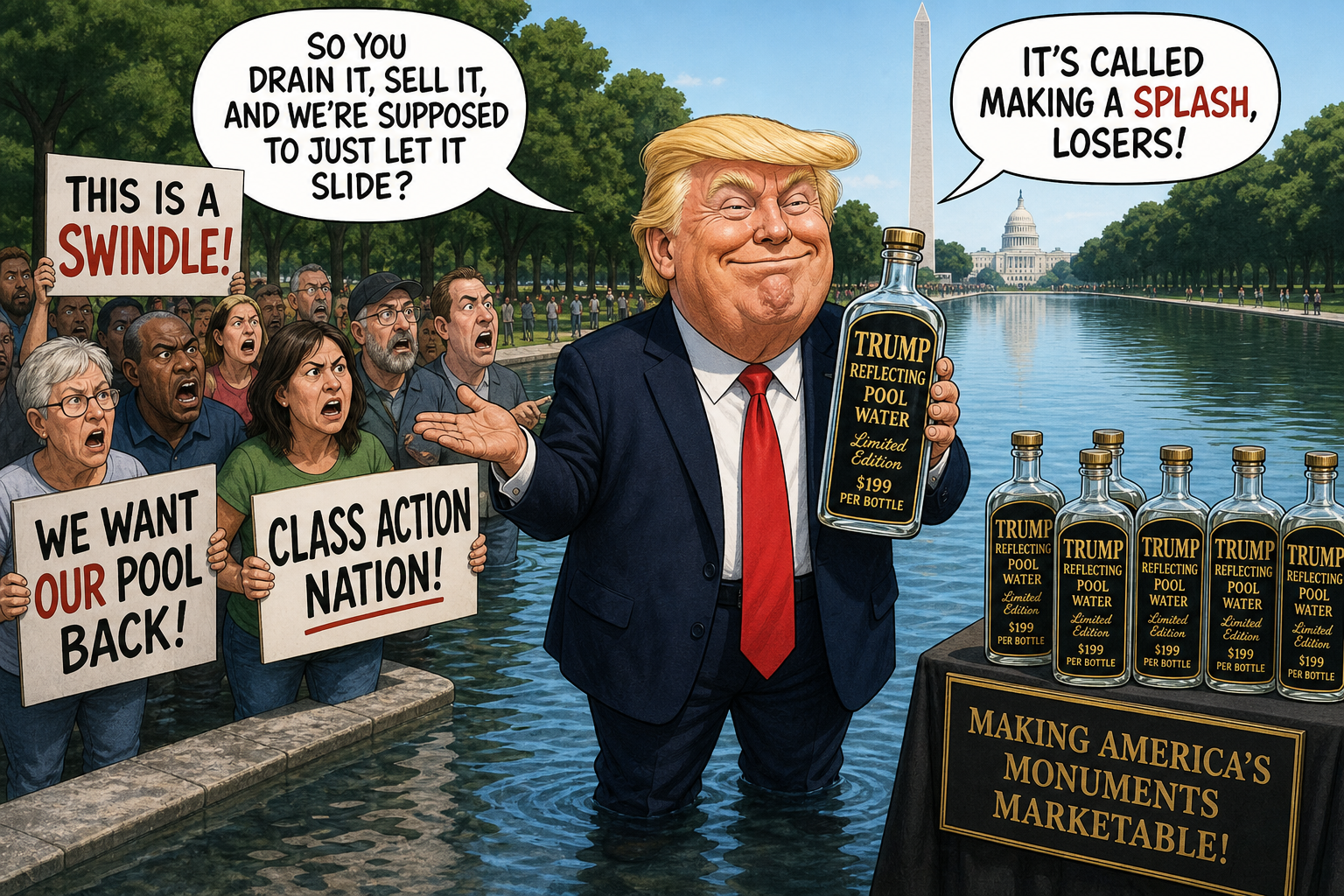 Satirical cartoon for Nation Seeks Class Action Status For Trump's Reflecting Pool Swindle