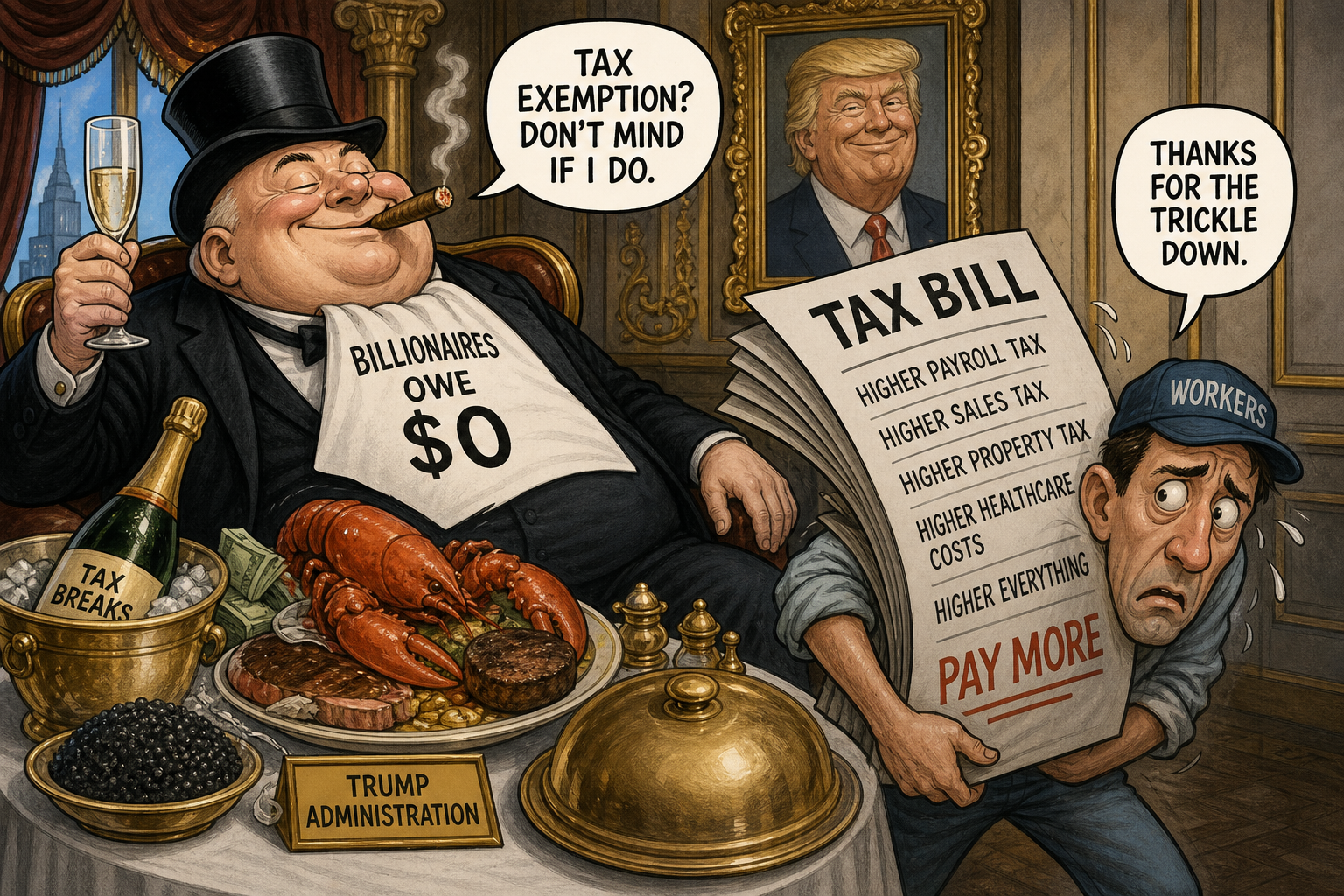 Satirical cartoon for Trump Administration Memo: Billionaires Owe Zero, Workers Pay More