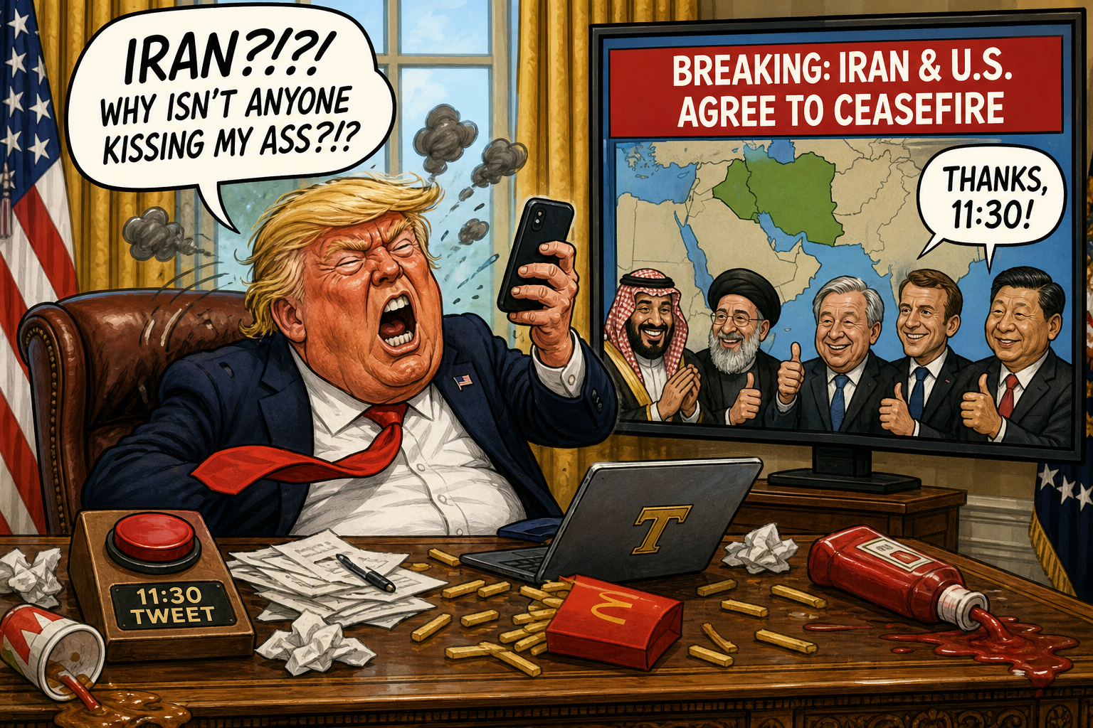 Satirical cartoon for Trump's 11:30 Meltdown Accidentally Resolves Iran Crisis