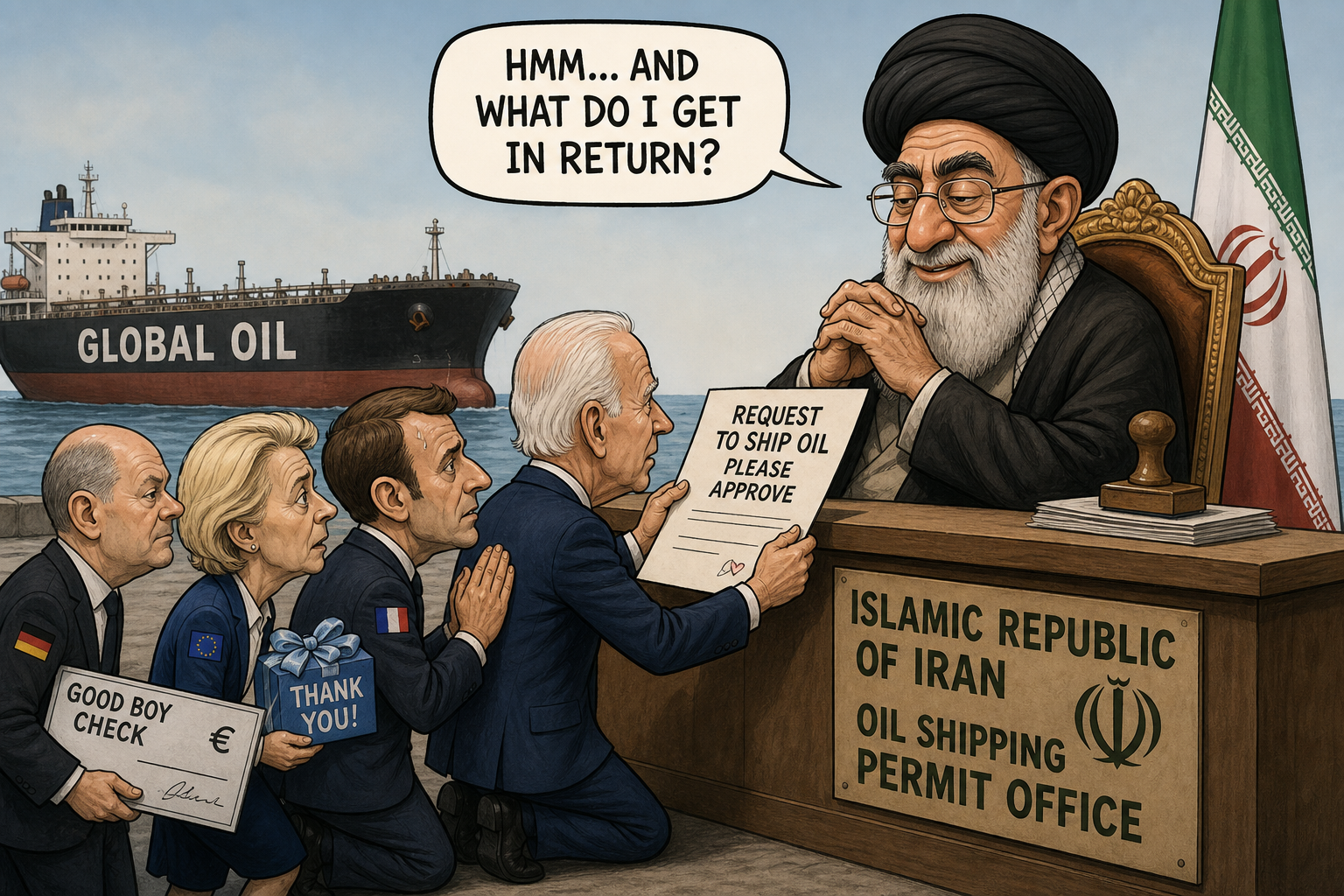 Satirical cartoon for Allies Now Asking Iran’s Permission to Ship Oil