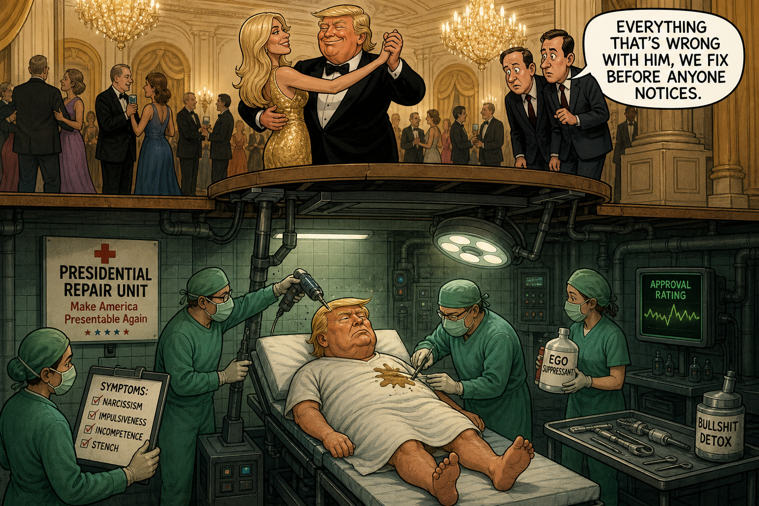 Satirical cartoon for Secret Hospital Under Ballroom Will Treat President’s Rot, Aides Confirm