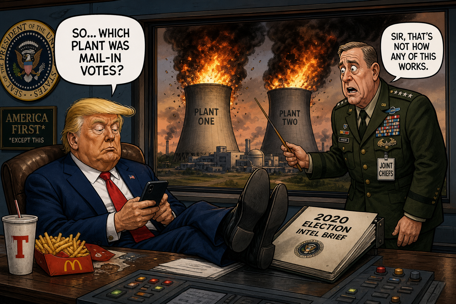 Satirical cartoon for Trump Briefed on 2020 Election as Two Nuclear Plants Burn