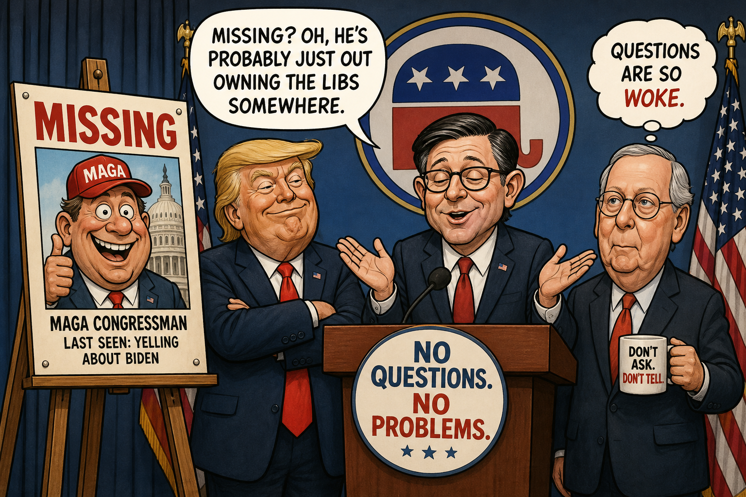 Satirical cartoon for MAGA Congressman Vanishes; Party Leaders Decline to Ask Questions