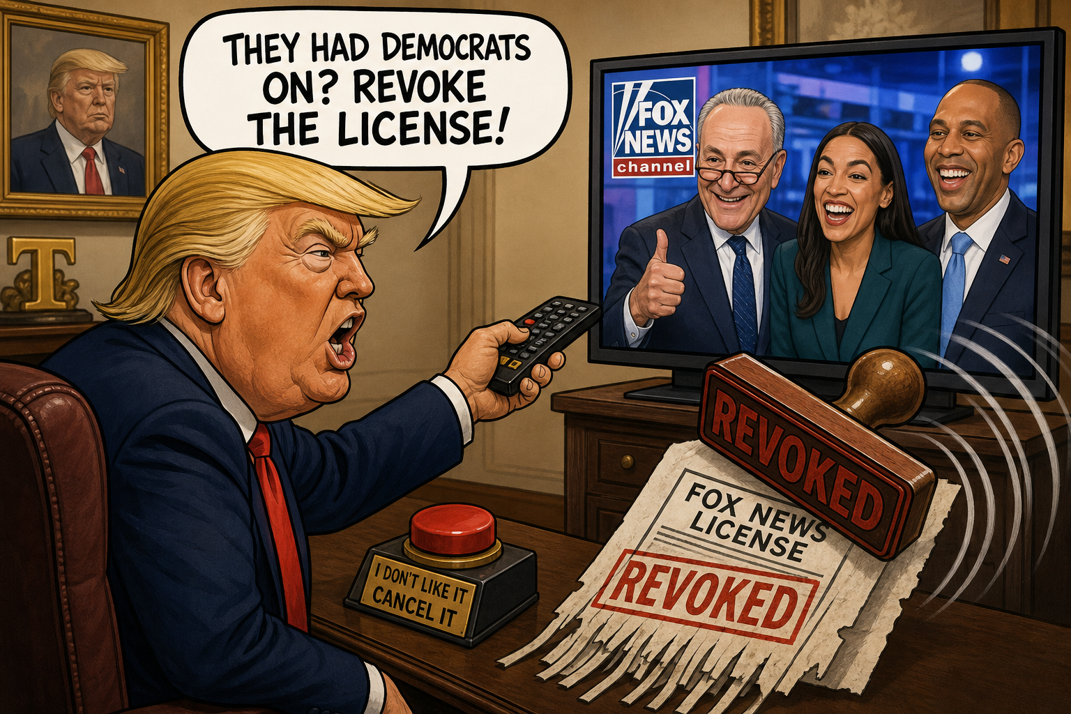 Satirical cartoon for Trump Calls for Fox News License Revocation After Hosting Democrats