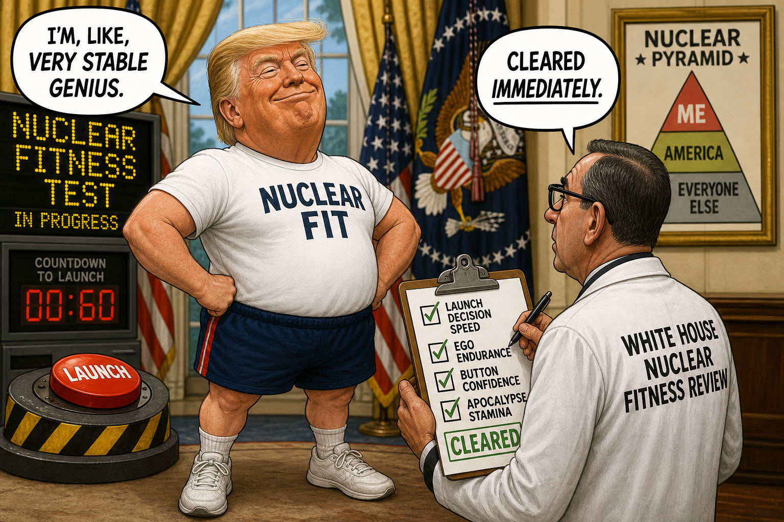 Satirical cartoon for White House Launches Nuclear Fitness Review, Clears President Immediately