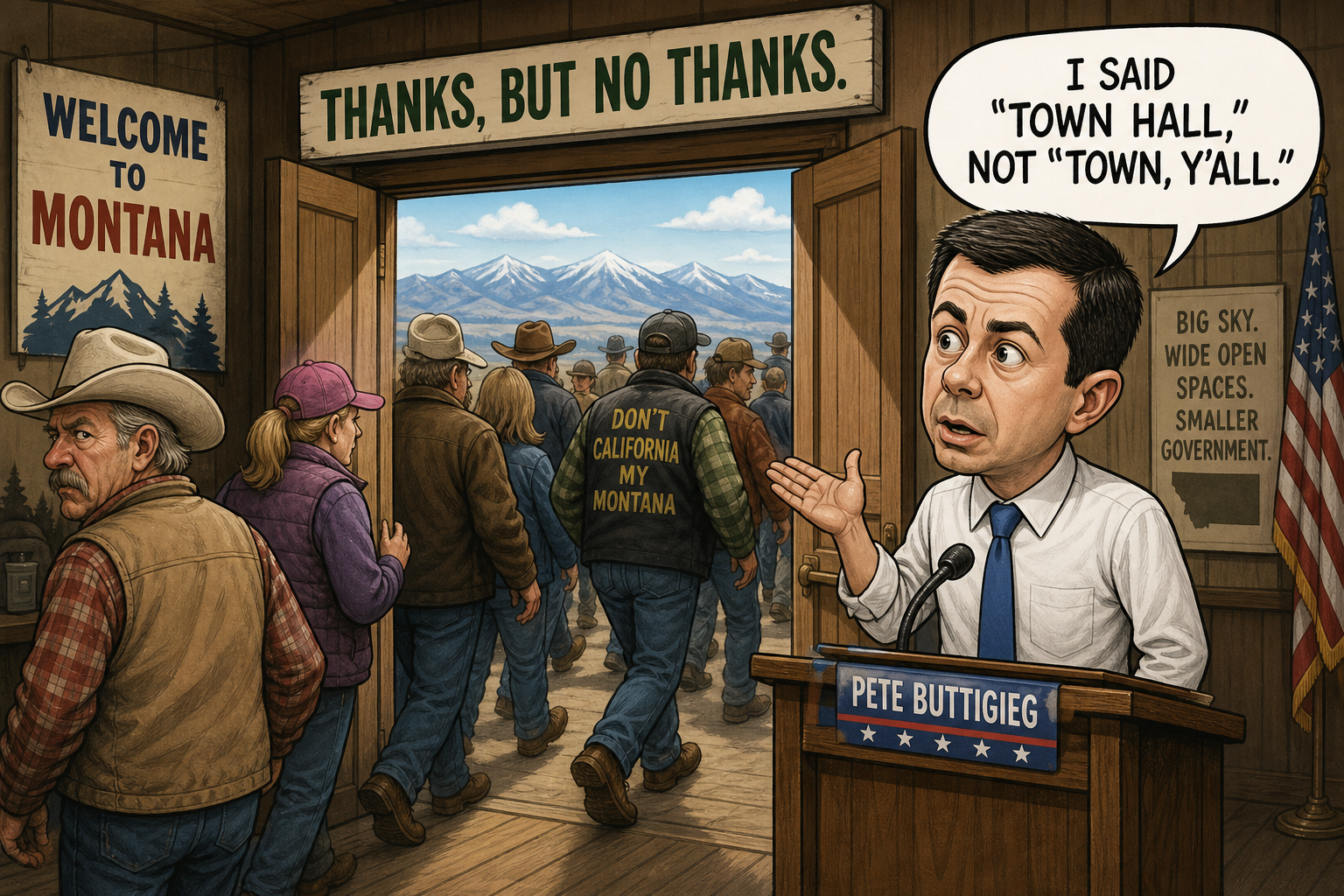 Satirical cartoon for Pete Buttigieg Town Hall Causes Mass Exodus From Montana