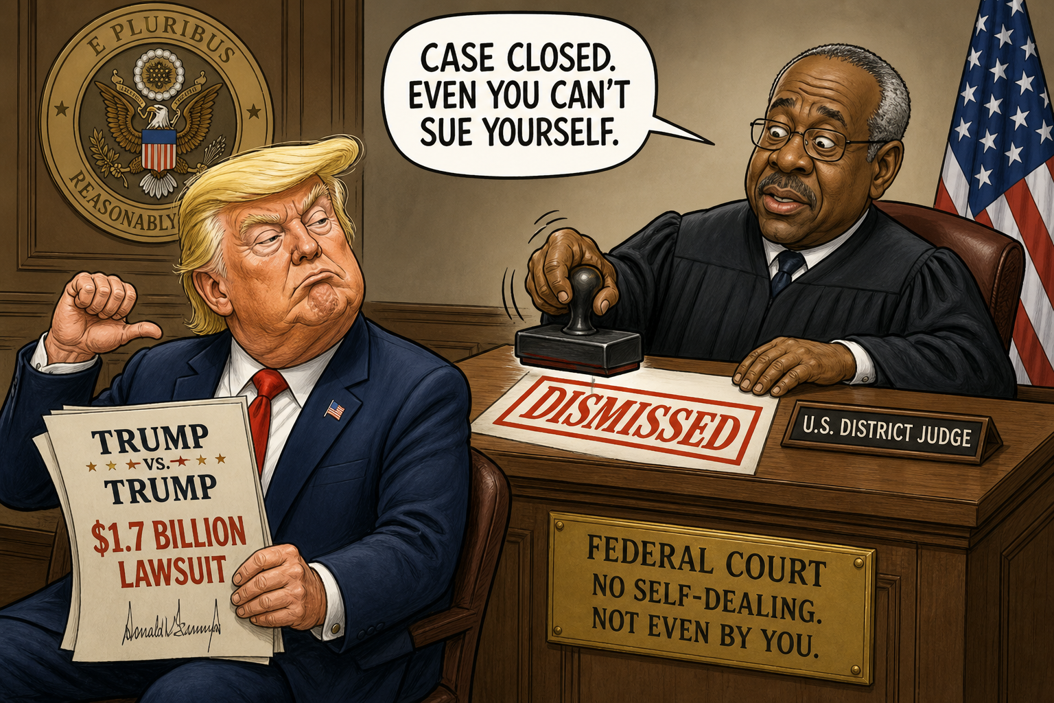 Satirical cartoon for Trump's $1.7 Billion Self-Lawsuit Dismissed by Federal Judge