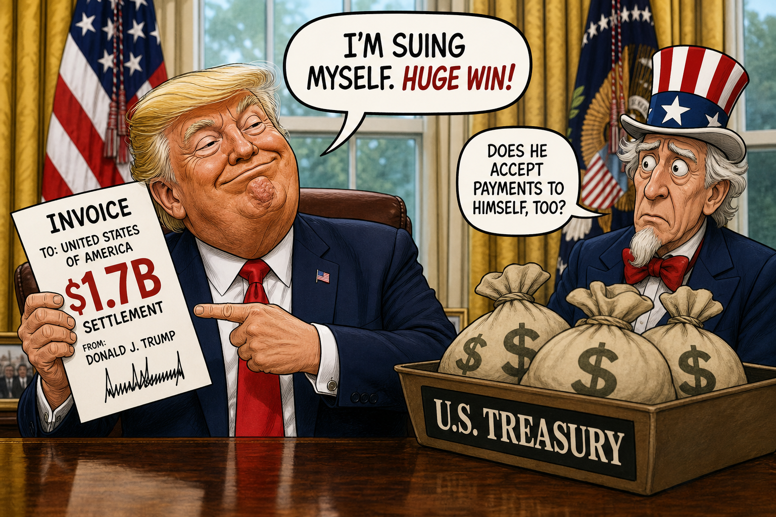 Satirical cartoon for Trump Seeks $1.7B Settlement from Government He Runs