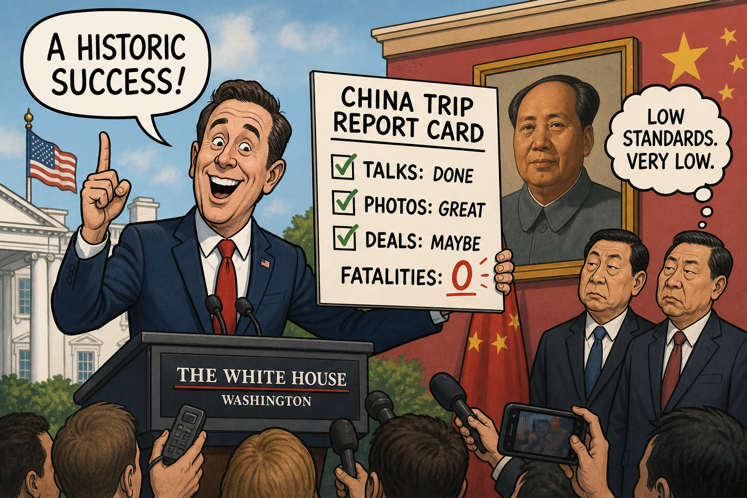 Satirical cartoon for White House Declares China Trip a Triumph Because Nobody Died
