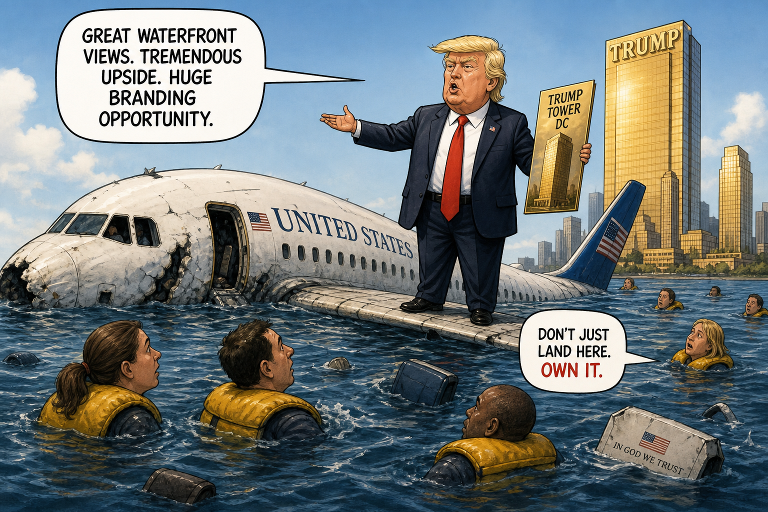 Satirical cartoon for Downed US Plane Met With Trump Skyscraper Sales Pitch