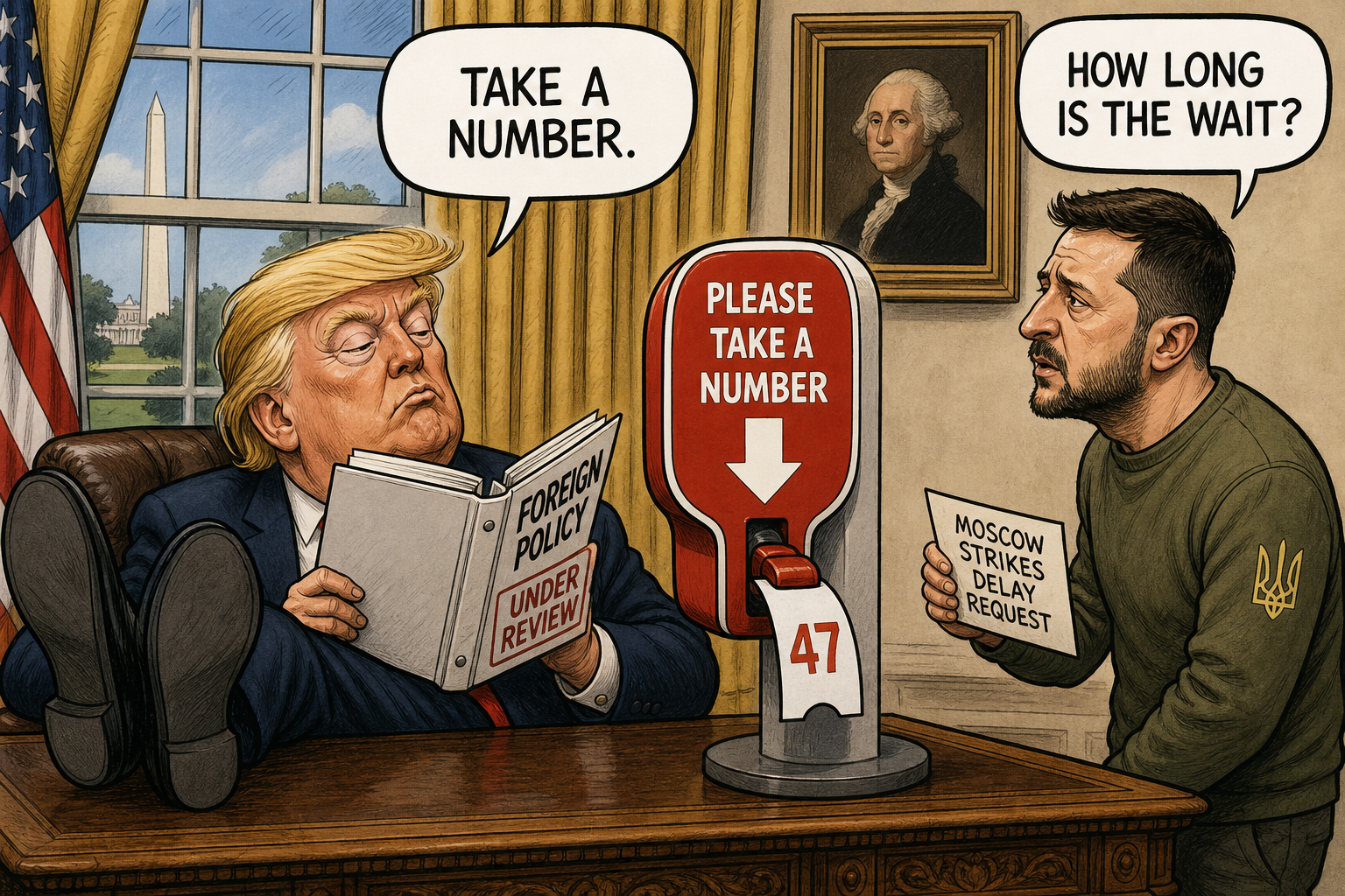 Satirical cartoon for White House Requests Ukraine Delay Moscow Strikes for Review