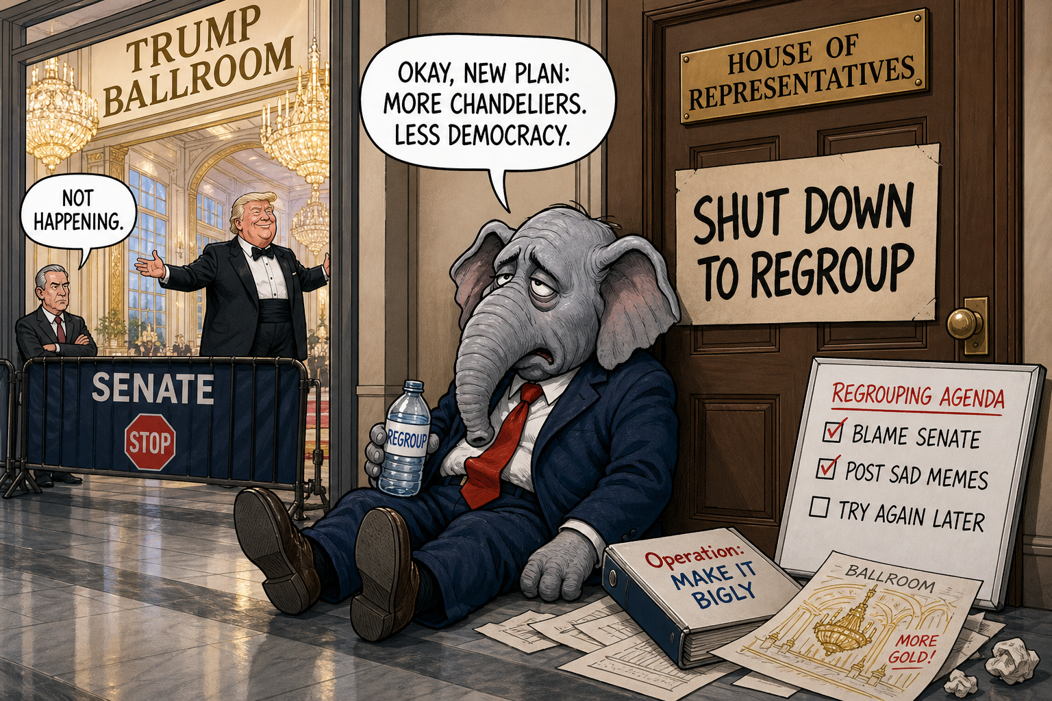Satirical cartoon for House Shuts Down to Regroup After Senate Blocks Trump Ballroom