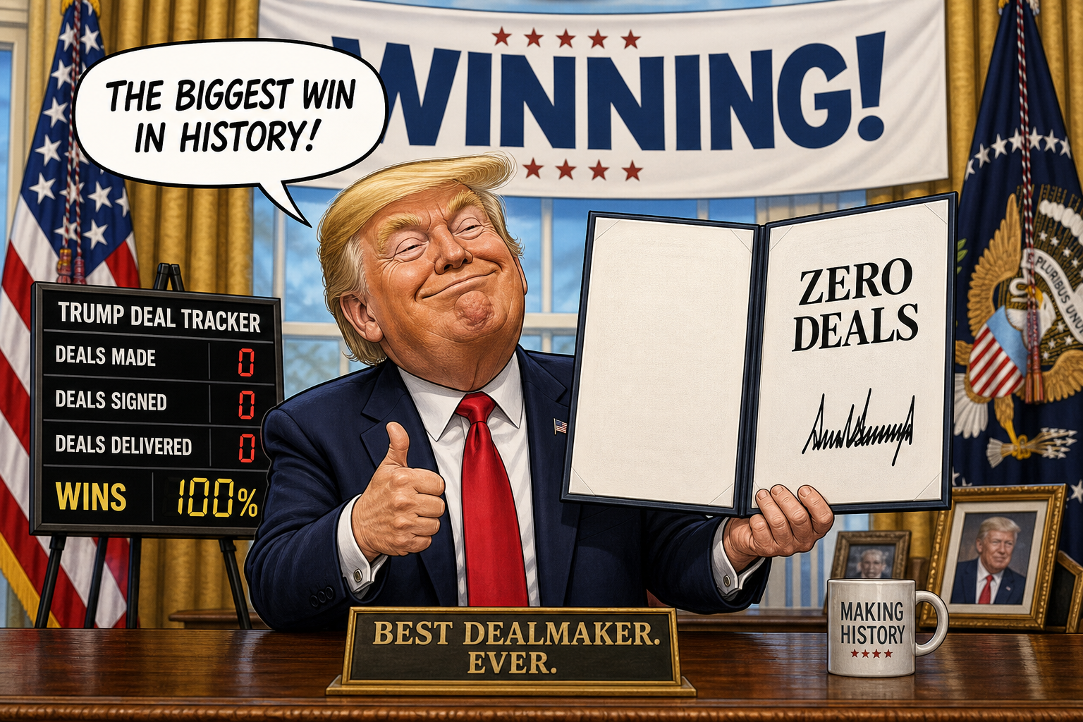 Satirical cartoon for Trump Declares Historic Win After Signing Zero Deals