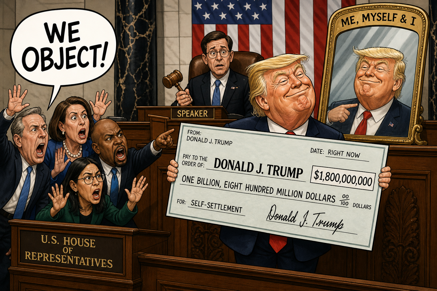 Satirical cartoon for House Objects To Trump's $1.8 Billion Self-Settlement