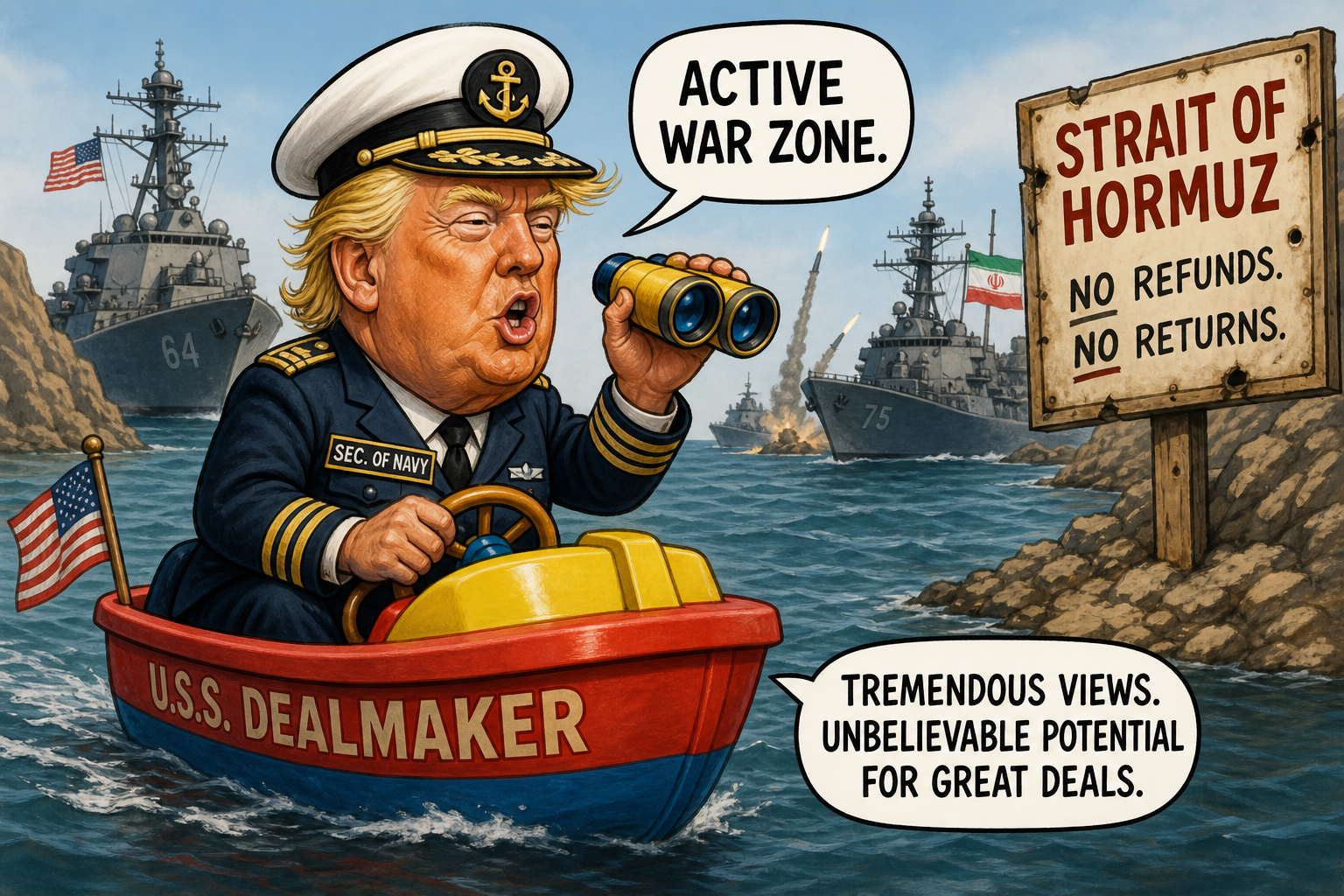 Satirical cartoon for Trump Navy Secretary: Strait of Hormuz Is Active War Zone