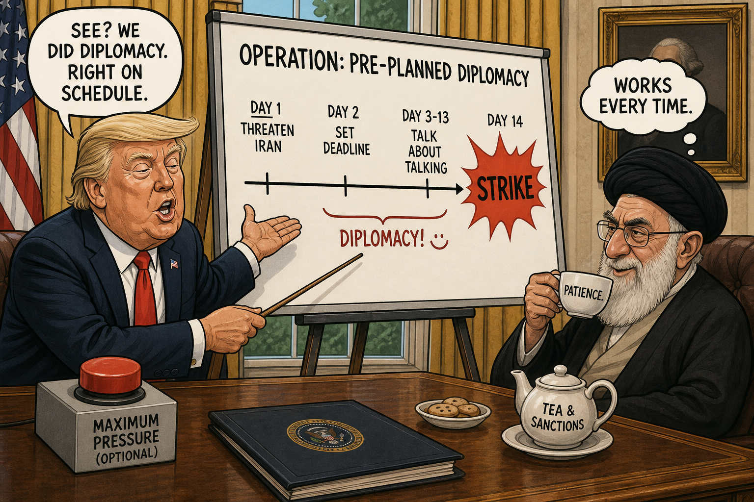 Satirical cartoon for White House Says Iran Strike Delay Was Pre-Planned Diplomacy