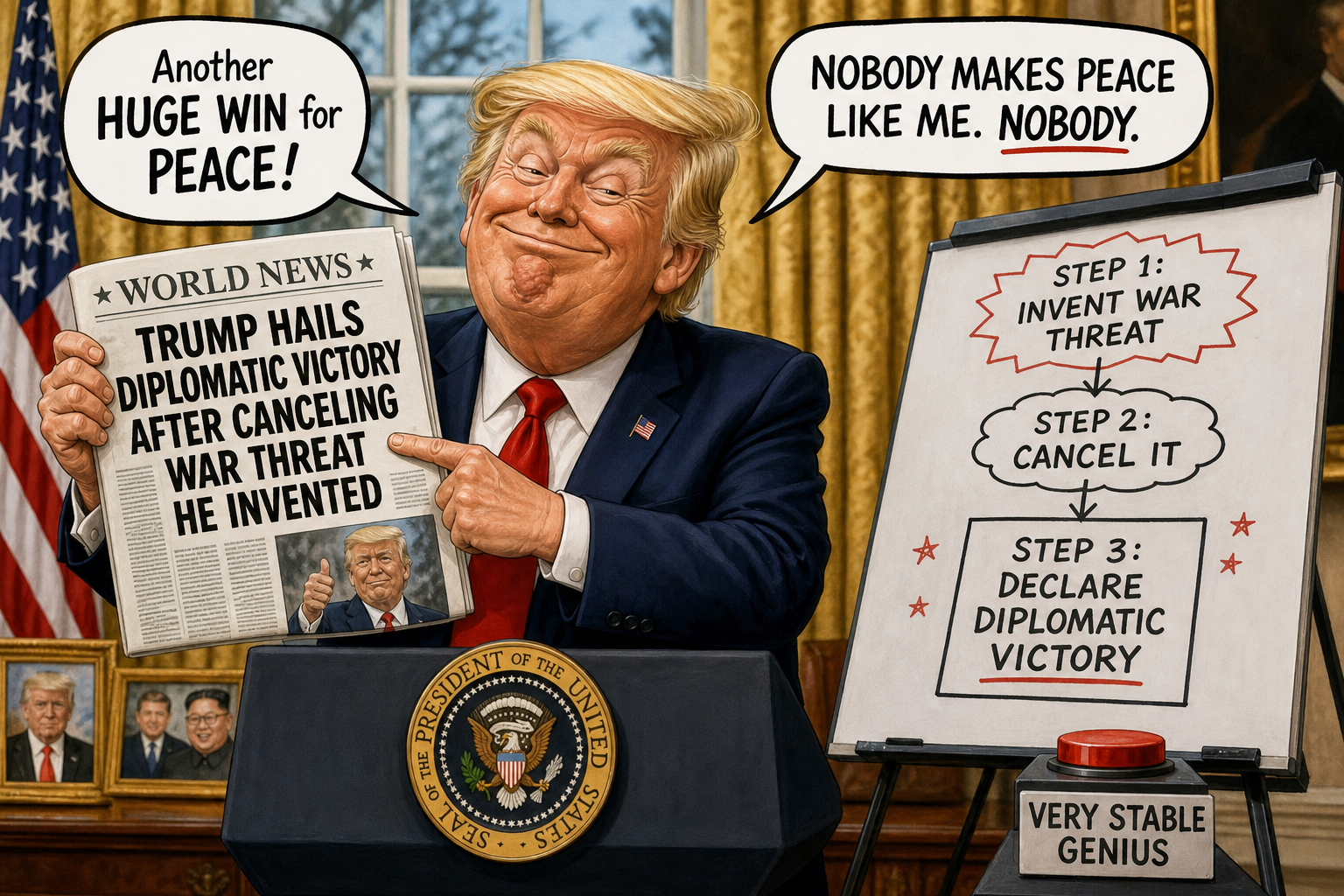 Satirical cartoon for Trump Hails Diplomatic Victory After Canceling War Threat He Invented