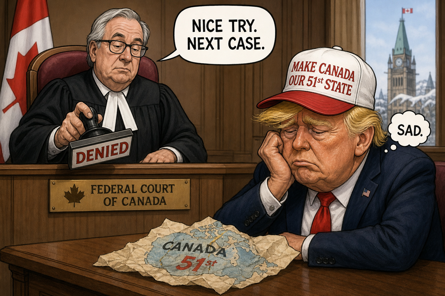 Satirical cartoon for Trump's 51st State Dream Dies Quietly in Canadian Court