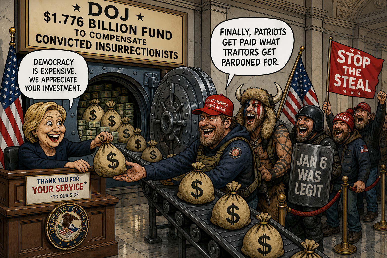 Satirical cartoon for DOJ Opens $1.776B Fund to Compensate Convicted Insurrectionists