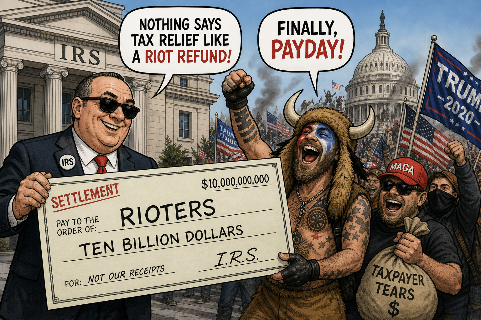 Satirical cartoon for Fake $10 Billion IRS Suit Settled by Creating Rioter Payday