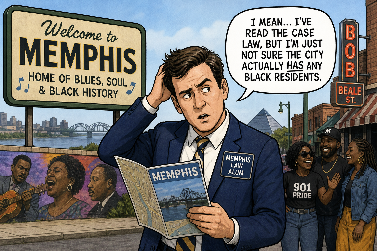 Satirical cartoon for Memphis Law Alum Unsure If City Has Black Residents