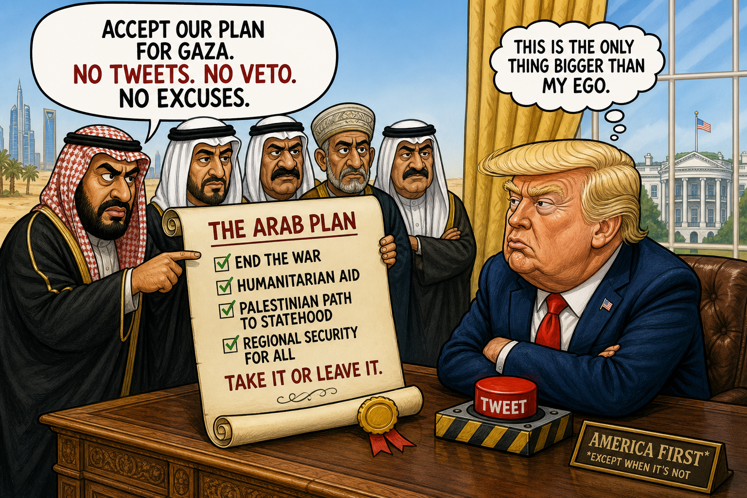 Satirical cartoon for Arab Nations Issue Ultimatum Trump Cannot Ignore