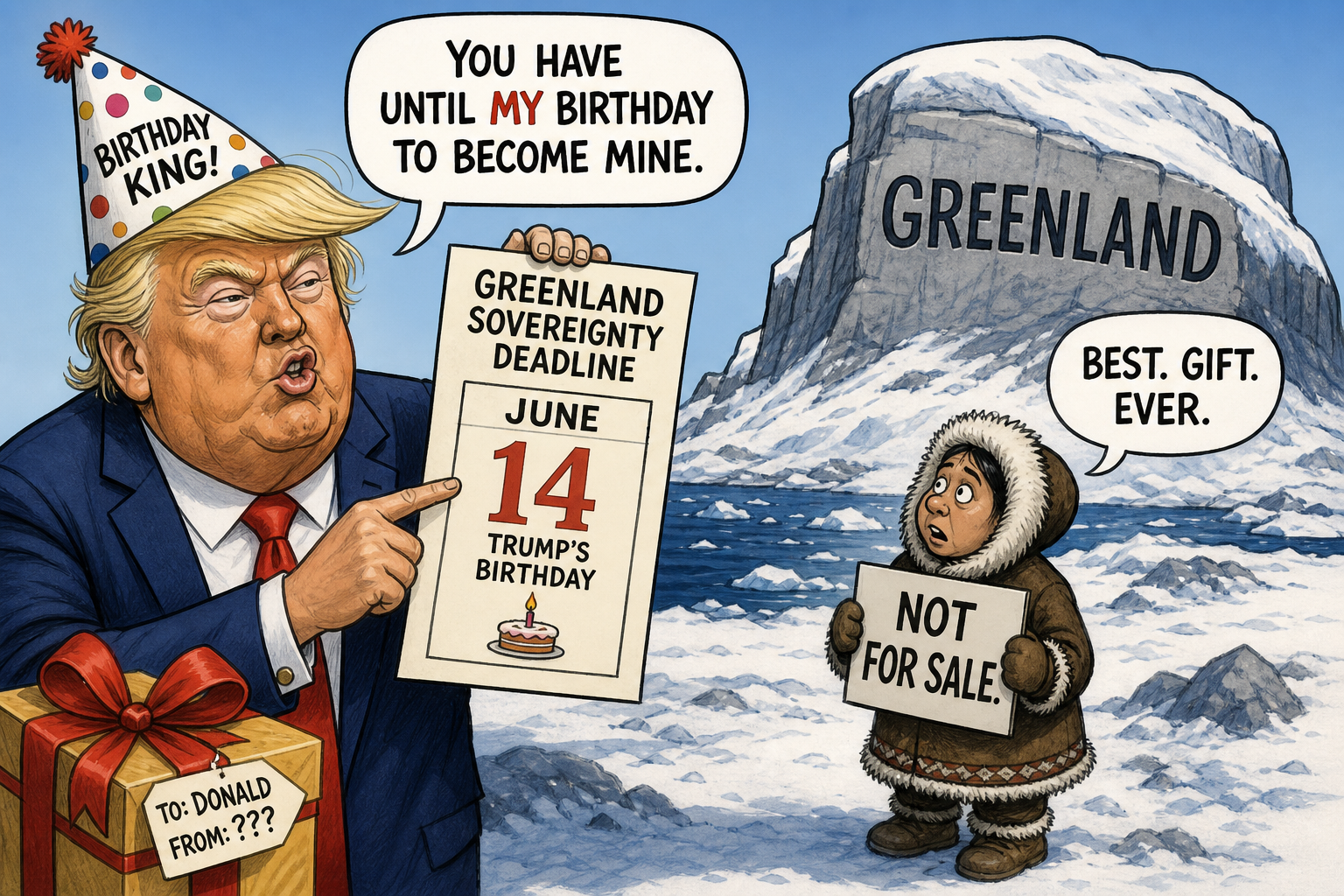 Satirical cartoon for U.S. Sets Greenland Sovereignty Deadline for Trump’s Birthday