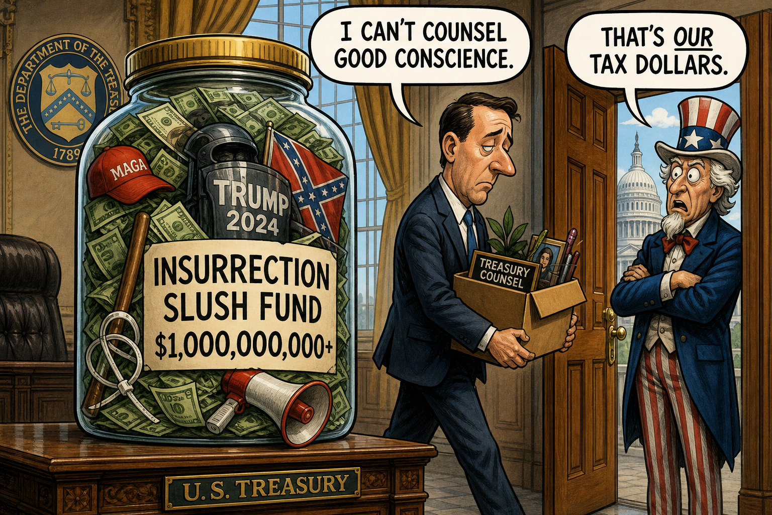 Satirical cartoon for Treasury Counsel Resigns Over Billion-Dollar Insurrection Slush Fund