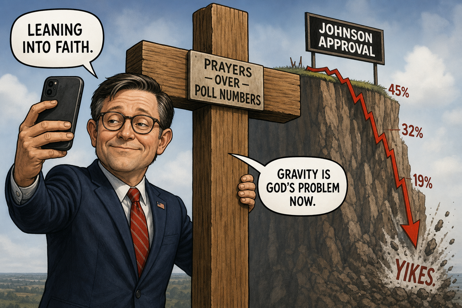 Satirical cartoon for House Speaker Johnson Posts Cross Photo as Polls Plummet