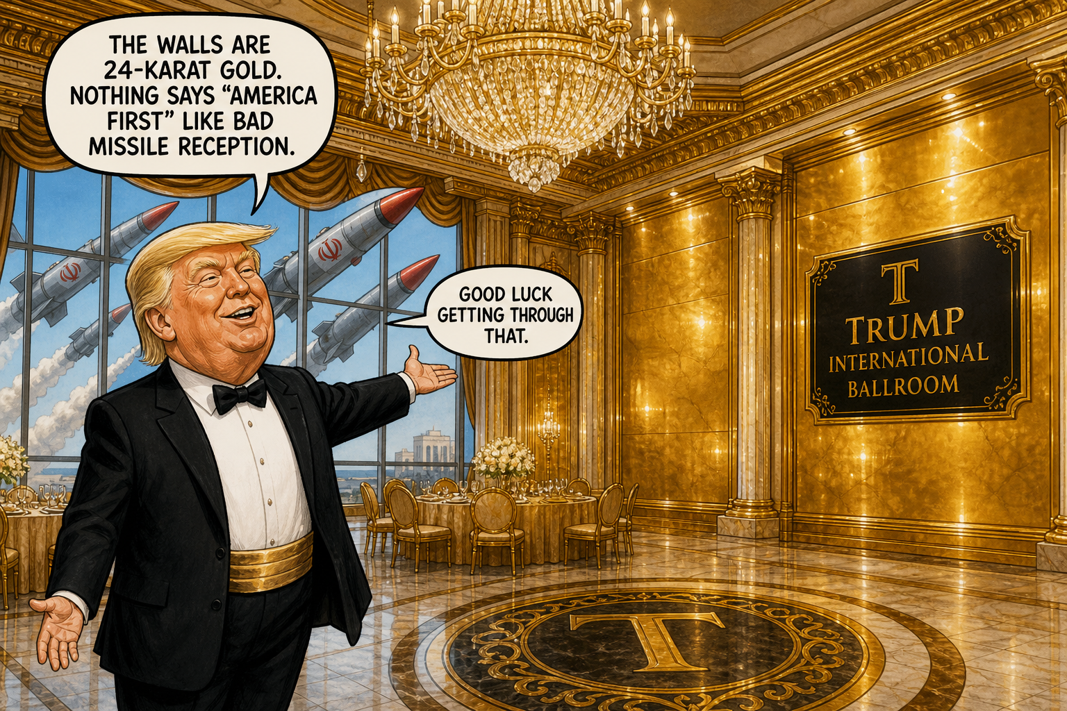 Satirical cartoon for Trump Unveils Ballroom Designed to Repel Iranian Missiles