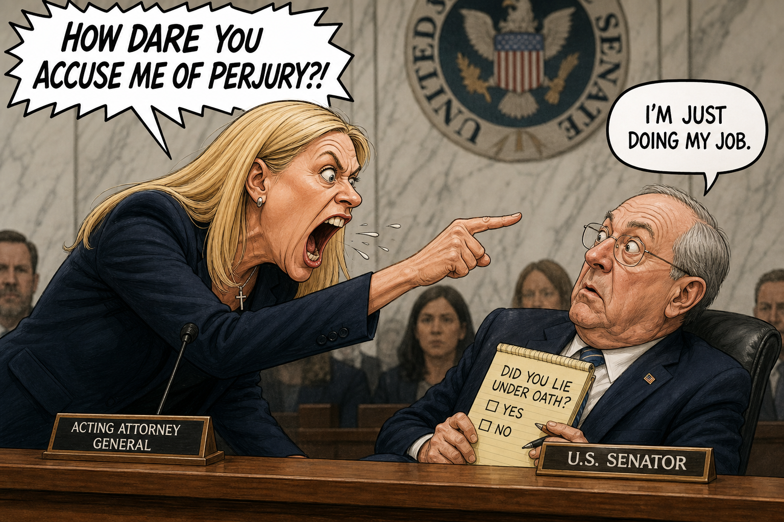 Satirical cartoon for Acting Attorney General Screams at Senator Over Perjury Question